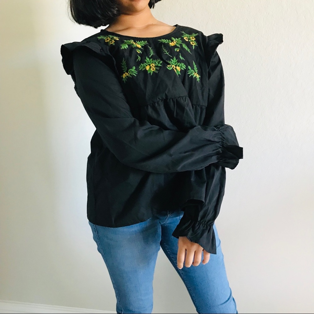 Black Long Sleeve top With Yellow Flowers